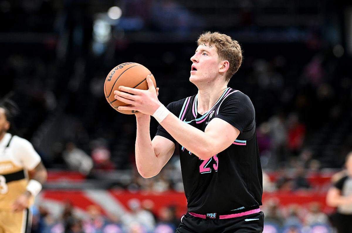 Kasparas Jakucionis #25 of the Miami Heat shoots the ball in the fourth quarter against the Washington Wizards at Capital One Arena on February 08, 2026 in Washington, DC.