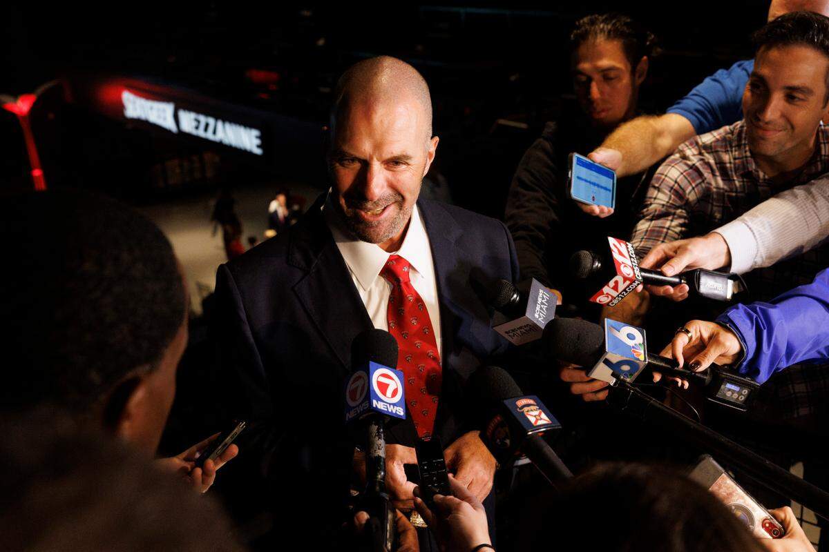 Bill Zito, Florida Panthers general manager, speaks to the press after the Florida Panthers 2024 Champions Ring Ceremony on Monday, Oct. 7, 2024, at FTL War Memorial Auditorium in Fort Lauderdale, Fla. 