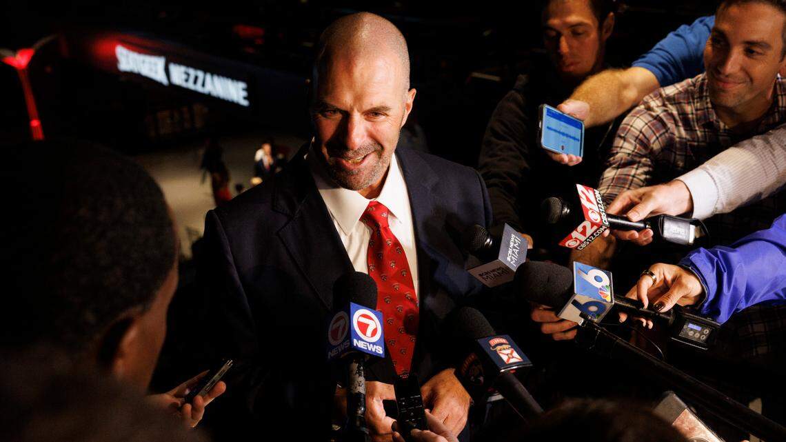 Bill Zito, Florida Panthers general manager, speaks to the press after the Florida Panthers 2024 Champions Ring Ceremony on Monday, Oct. 7, 2024, at FTL War Memorial Auditorium in Fort Lauderdale, Fla.