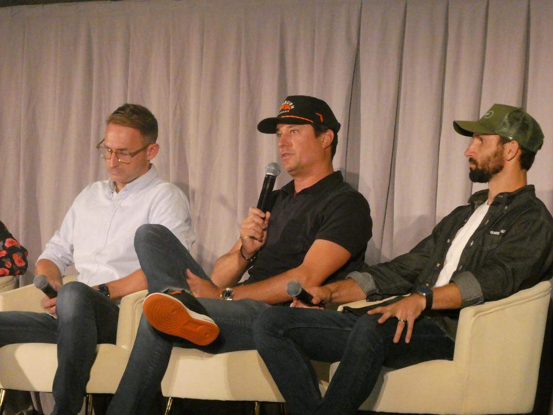 (From left to right) Richard Proud, CEO and director of iAnthus; Brady Cobb, CEO and founder of Sunburn Cannabis; and Cory Azzalino of Eaze, discuss the future of recreational marijuana in Florida ahead of the November elections during the 2024 Benzinga Cannabis Capital Conference in Hollywood, FL on April 17, 2024.