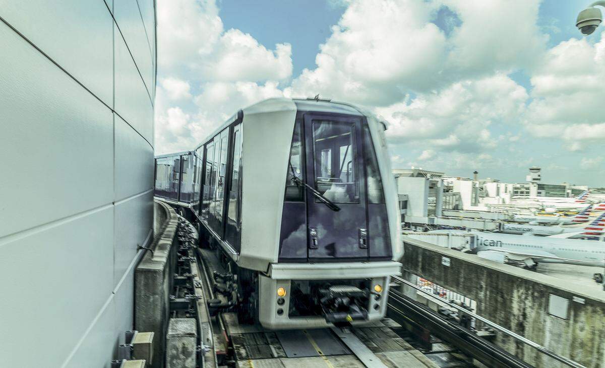 The MIA Skytrain arrives to the recently opened Concourse D's station 1, as the Skytrain system service is fully restored ahead of Labor Day weekend in Miami, on Thursday, August 28, 2025.