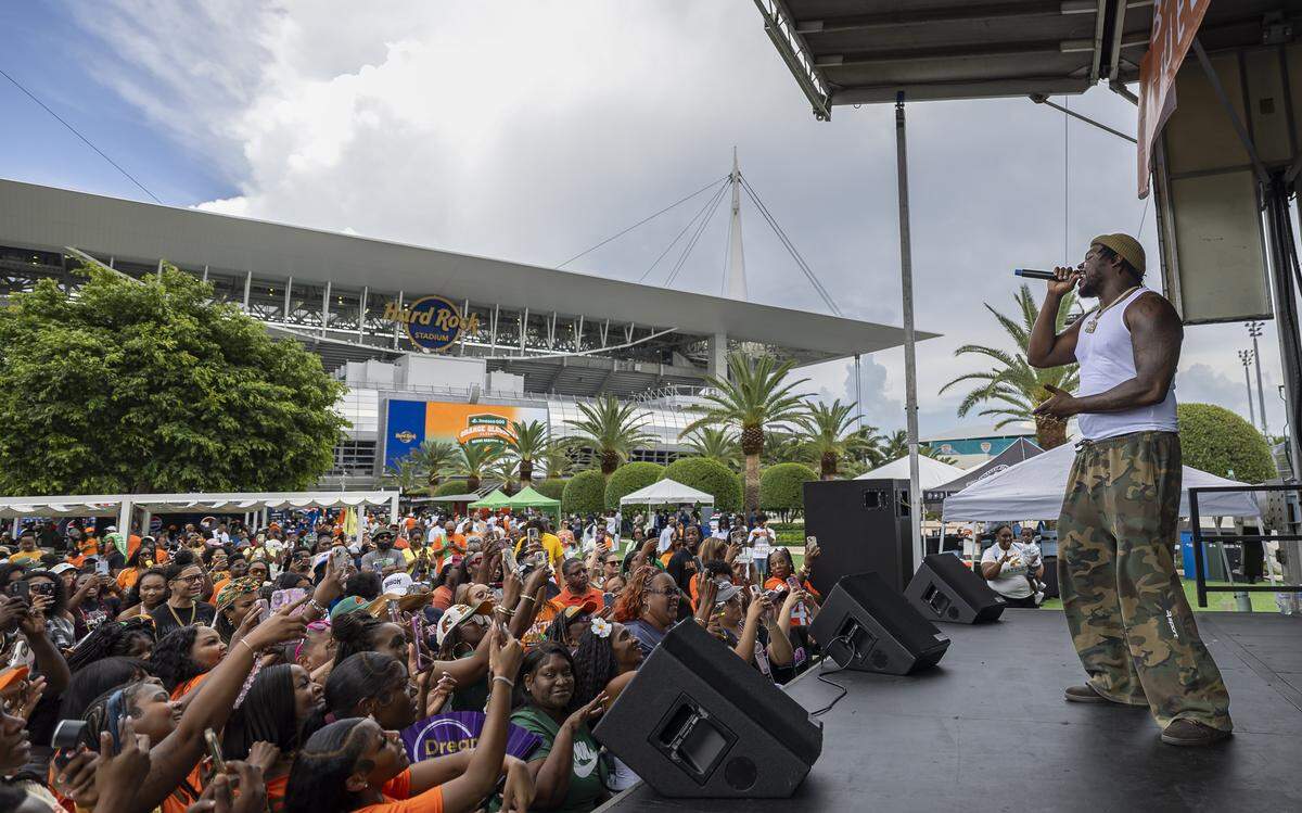 Major Nine performs during a fan festival before the Orange Blossom Classic football game between the Florida A&M Rattlers and the Howard Bison at Hard Rock Stadium on Saturday, Aug. 30, 2025, in Miami Gardens, Fla.