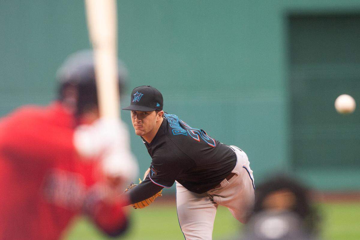 BOSTON, MA - MAY 29: Trevor Rogers #28 of the Miami Marlins pitches in the first inning against the Boston Red Sox at Fenway Park on May 29, 2021 in Boston, Massachusetts. (Photo by Kathryn Riley/Getty Images)