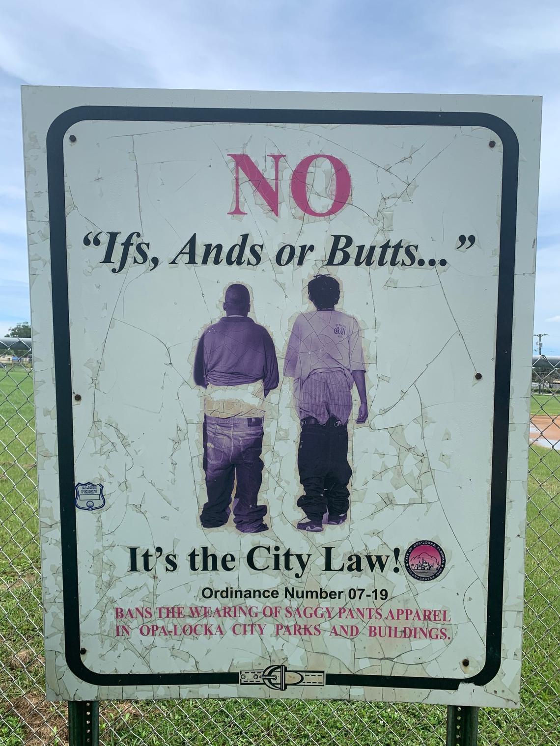 A sign at Sherbondy Park in Opa-locka spells out the city’s ordinance that bans the wearing of “saggy pants.” The ordinance was repealed on first reading Wednesday, Sept. 9, 2020.