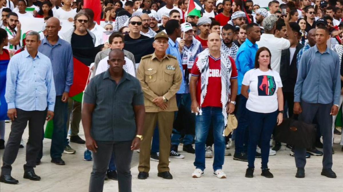 Gen. Alejandro Castro Espín, wearing black glasses and a t-shirt, is seen holding a Palestinian flag during a rally in Havana on Monday, Oct. 14, 2024.