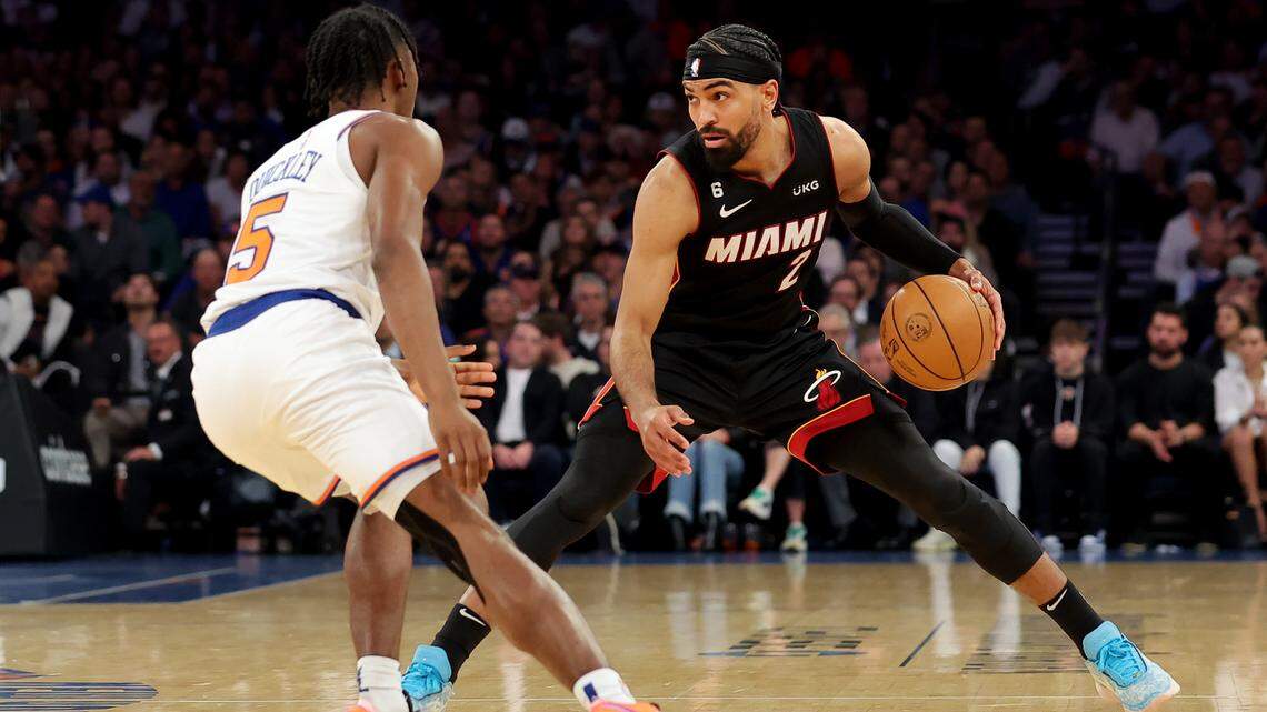 May 2, 2023; New York, New York, USA; Miami Heat guard Gabe Vincent (2) controls the ball against New York Knicks guard Immanuel Quickley (5) during the first quarter of game two of the 2023 NBA Eastern Conference semifinal playoffs at Madison Square Garden. Mandatory Credit: Brad Penner-USA TODAY Sports
