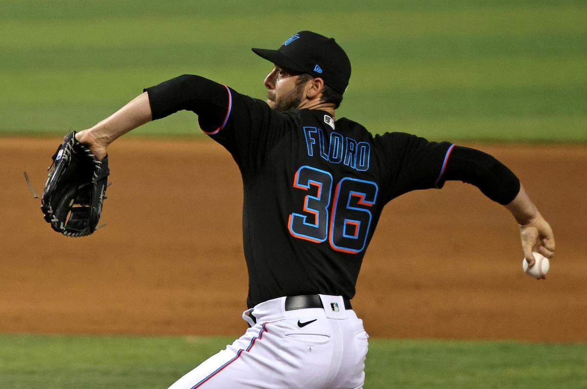 Miami Marlins pitcher Dylan Floro (36) pitches against the Atlanta Braves during the eighth inning of their baseball game against the Atlanta Braves at loanDepot park on Friday, June 11, 2021 in Miami, Florida.