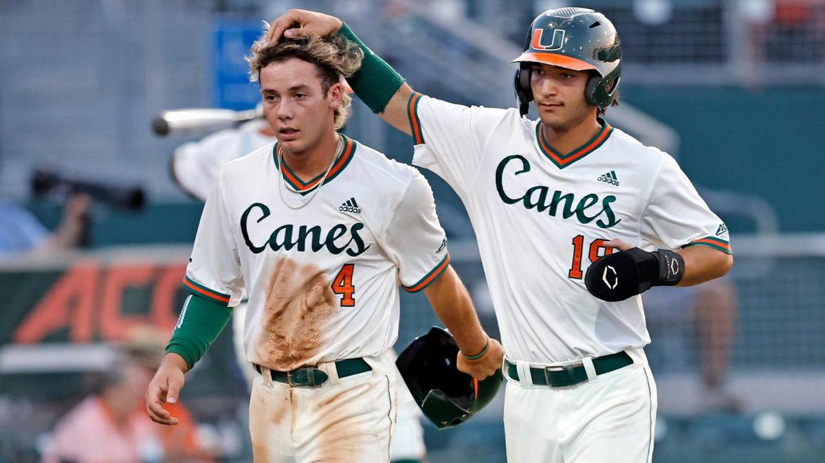 Miami Hurricanes infielder Blake Cyr (4) and Dominic Pitelli (19) react after scoring in the sixth inning against the FIU Panthers at the University of Miami’s Mark Light Field at Alex Rodriguez Park in Coral Gables on Wednesday, May 10, 2023.