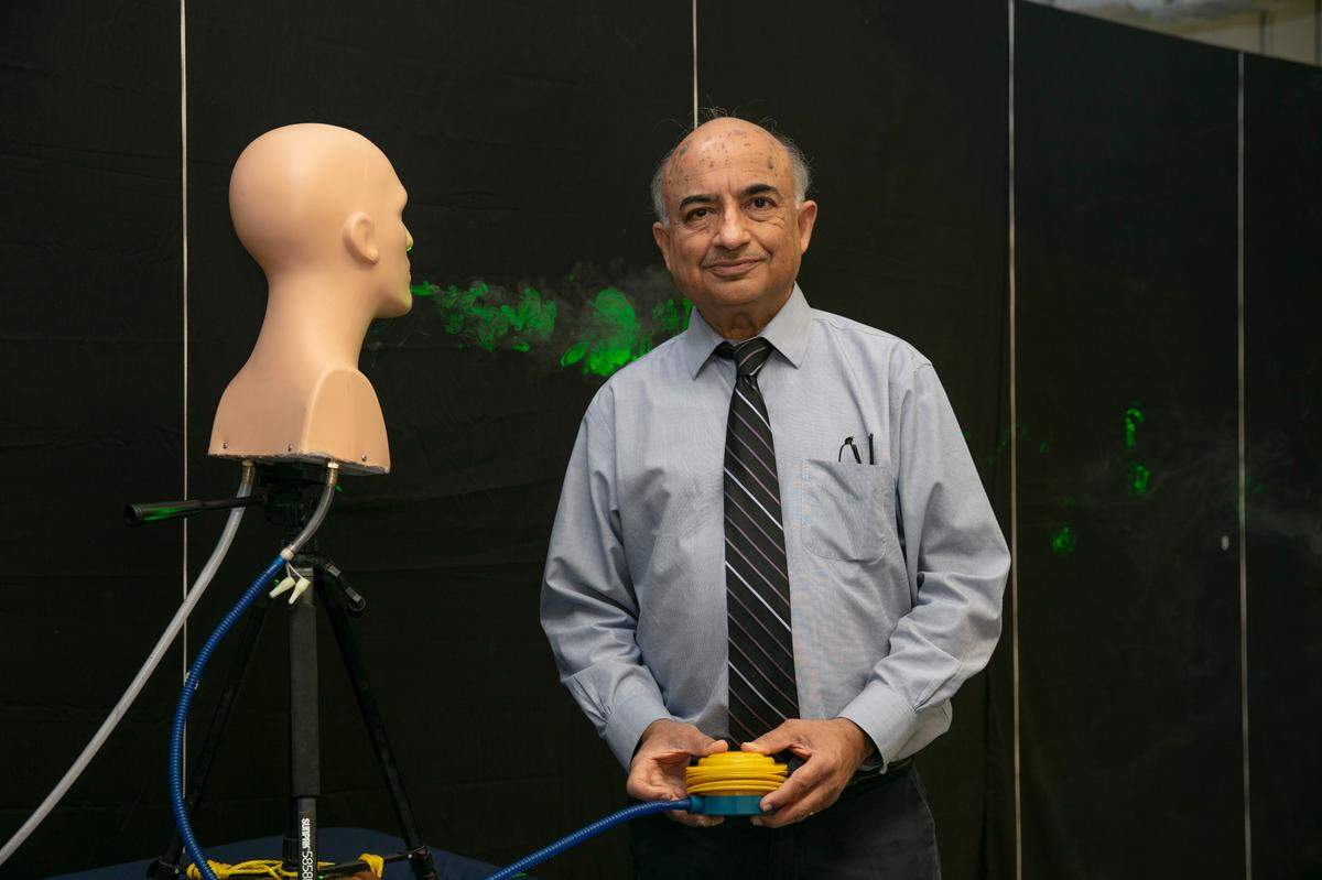 Manhar Dhanak, a professor in the College of Engineering and Computer Science at Florida Atlantic University and chair of the Department of Ocean and Mechanical Engineering, in the laboratory where researchers conducted a simulation to see how far cough droplets traveled and what that means for social distancing in the COVID-19 crisis.