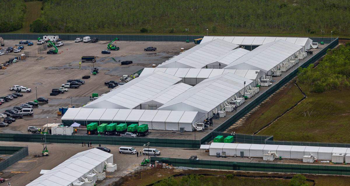 Aerial view of structures including gigantic tents built at the recently opened migrant detention center, “Alligator Alcatraz,” located at the site of the Dade-Collier Training and Transition Airport in Ochopee, Florida on Friday July 04, 2025.