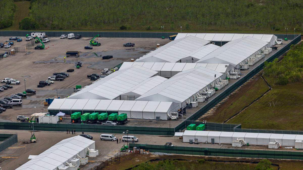 Aerial view of structures including gigantic tents built at the recently opened migrant detention center, “Alligator Alcatraz,” located at the site of the Dade-Collier Training and Transition Airport in Ochopee, on July 04, 2025.