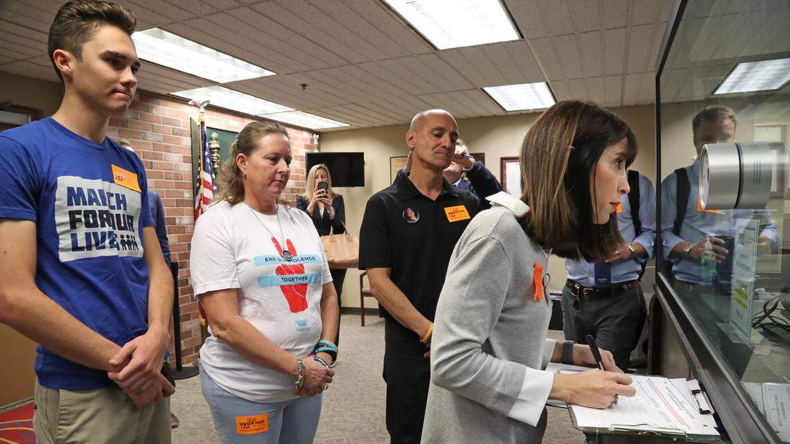 Ban Assault Weapons Now Chairwoman Gail Schwartz, aunt of Parkland shooting victim Alex Schachter, submits petitions to the Broward County Supervisor of Elections office on Monday, Feb. 11, 2019, as part of an initiative to put a ban on the sale of military-grade weapons on the 2020 ballot. With Schwartz at the Broward County Government Center in Fort Lauderdale are, from left; Parkland shooting survivor David Hogg; Debbie Hixon, widow of Parkland shooting victim Chris Hixon; and Mitch Dworet, father of Parkland shooting victim Nick Dworet.