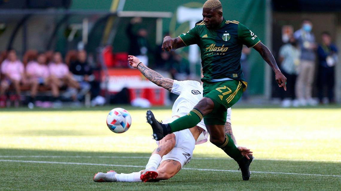 Portland Timbers forward Dairon Asprilla shoots on goal against Inter Miami in an MLS soccer match at Providence Park on Sunday, Oct. 3, 2021, in Portland, Ore. (Sean Meagher/The Oregonian via AP)