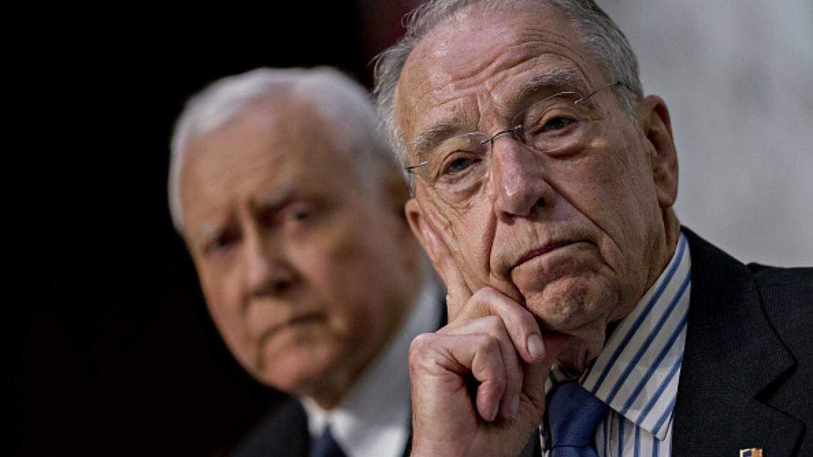 Senate Judiciary Committee Chair Charles Grassley, right, with Sen. Orrin Hatch.
