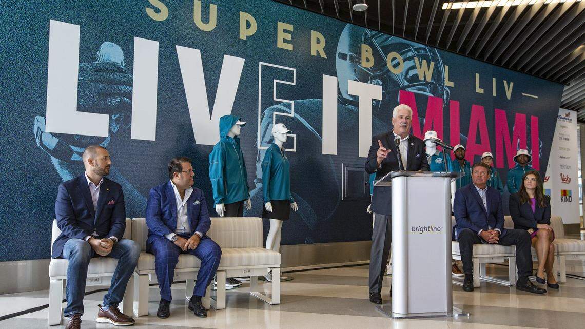 At the podium speaking is Miami Super Bowl Host Committee, Chairman, Rodney Barreto, as the Miami Super Bowl Host Committee, unveils the Super Bowl LIV Volunteer Headquarters and official volunteer uniform kit in Miami.