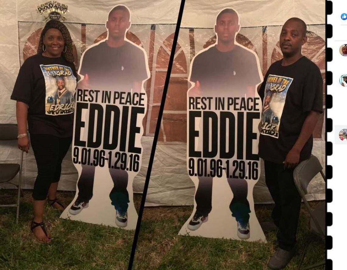 Shanica Harris and Eddie Harris at a party in June with a cardboard cutout memorial for Eddie Harris, Jr., who was fatally shot in 2016.