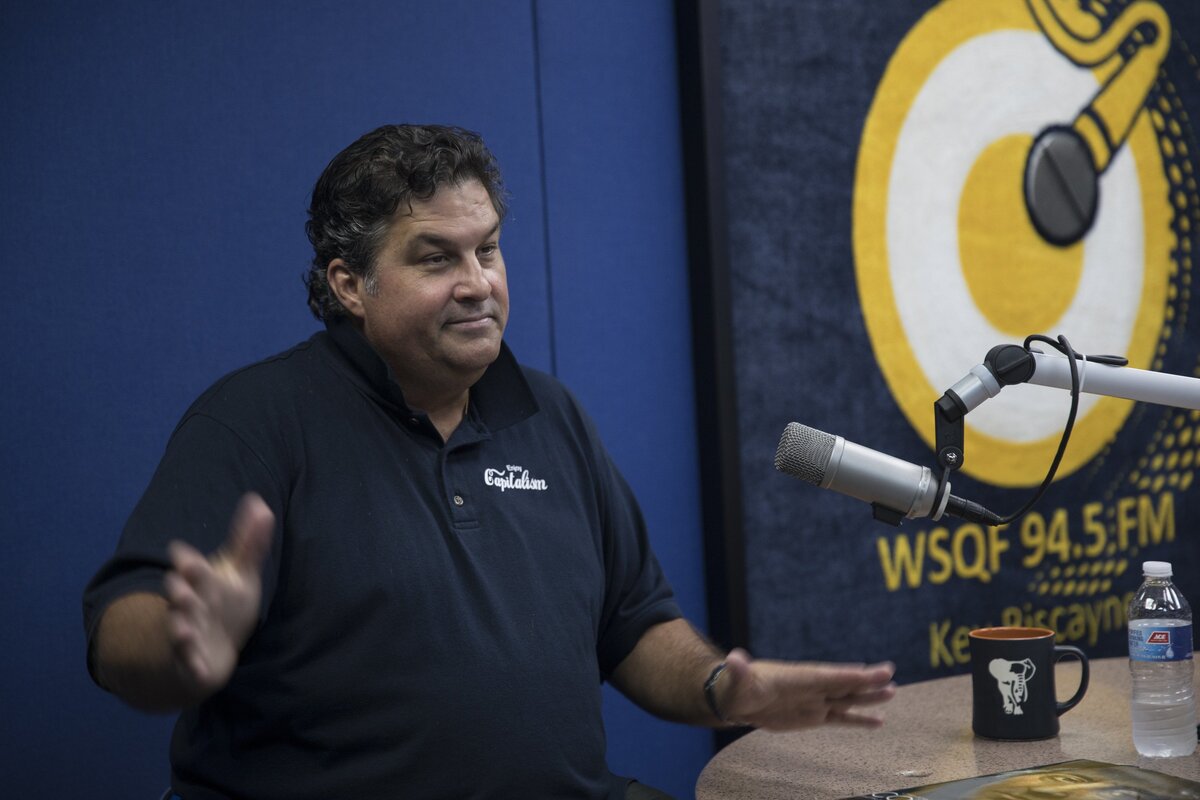 WSQF 94.5FM Blink Radio station manager Manuel A. Cambó at the station’s studio in Key Biscayne.  Cambó and the station are auctioning off a bell allegedly from one of Christopher Columbus’ ships.