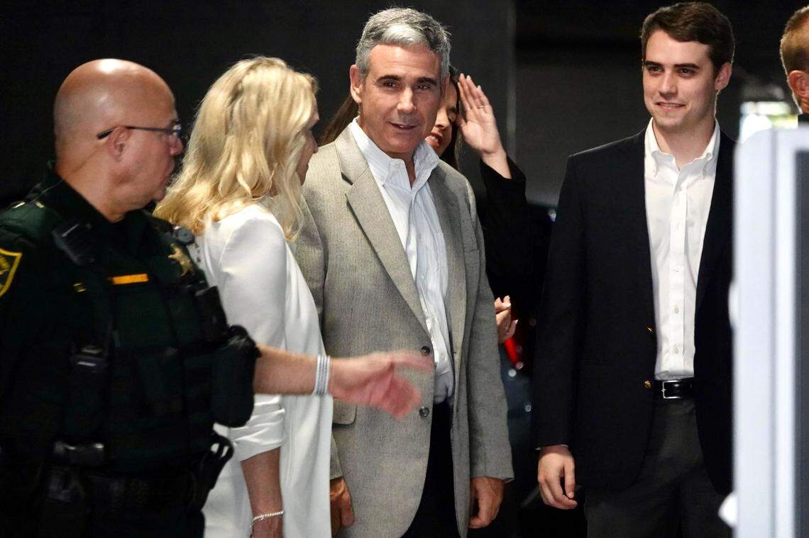 Tom and Gena Hoyer arrive at the Broward County Courthouse in Fort Lauderdale on Monday, July 18, 2022, for opening statements in the penalty phase of the trial of Marjory Stoneman Douglas High School shooter Nikolas Cruz. Their son Luke Hoyer was killed in the shooting. Cruz previously pleaded guilty to all 17 counts of premeditated murder and 17 counts of attempted murder in the 2018 shootings. (Joe Cavaretta/South Florida Sun Sentinel via AP, Pool)