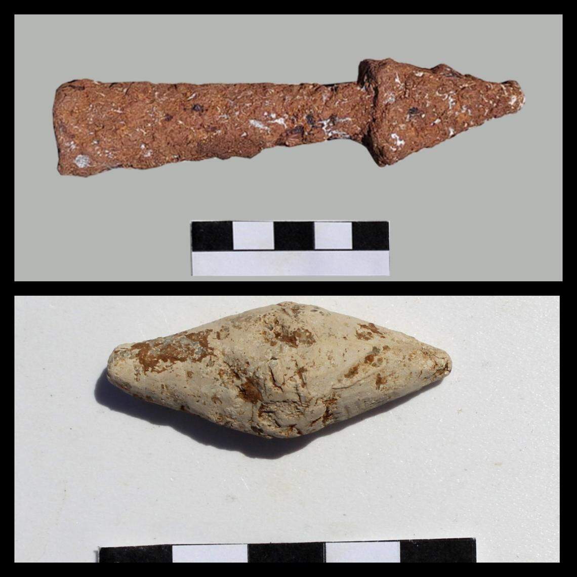 More than 450 lead missile acorns (bottom) and nine iron dart tips (top) were found near the walls.