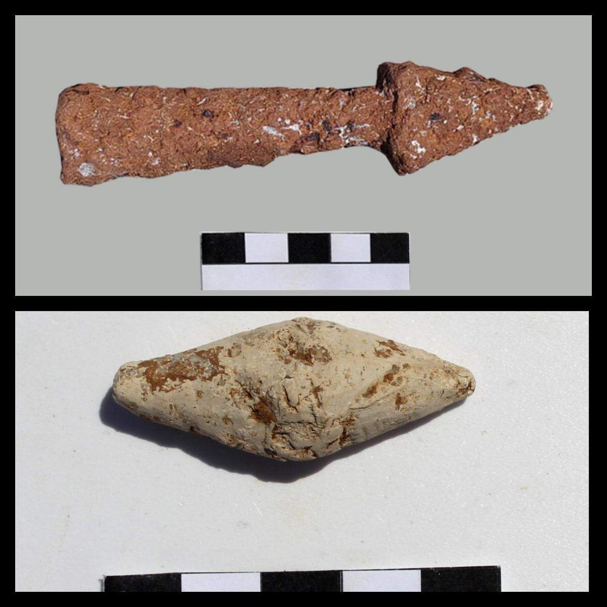 More than 450 lead missile acorns (bottom) and nine iron dart tips (top) were found near the walls.