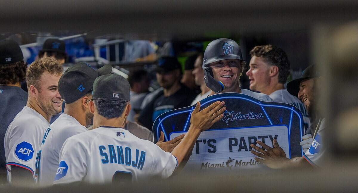 Miami Marlins players celebrates Kyle Stowers's home run at the dugout during the first inning of a game against the Philadelphia Phillies, at loanDepot Park in Miami, Fl, on Tuesday July 28, 2026.