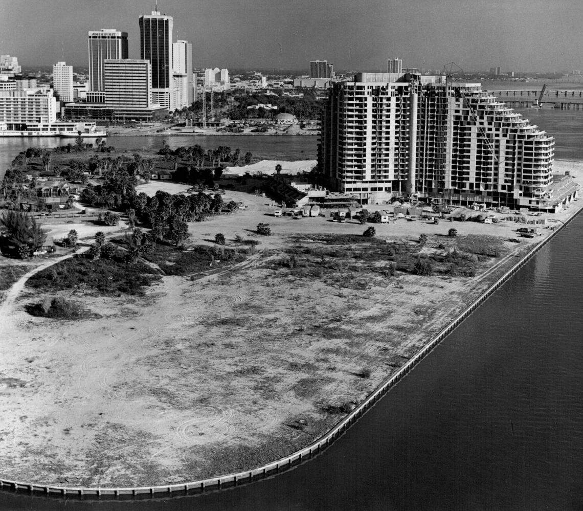 A view of the mostly vacant Brickell Key in the 1970s.