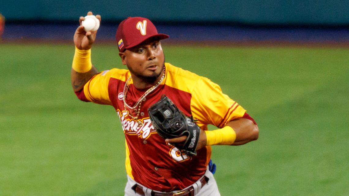 Venezuela first baseman Luis Arraez (2) throws to first during the fourth inning of a Pool D game against Israel at the World Baseball Classic at loanDepot Park on Wednesday, March 15, 2023, in Miami, Fla.