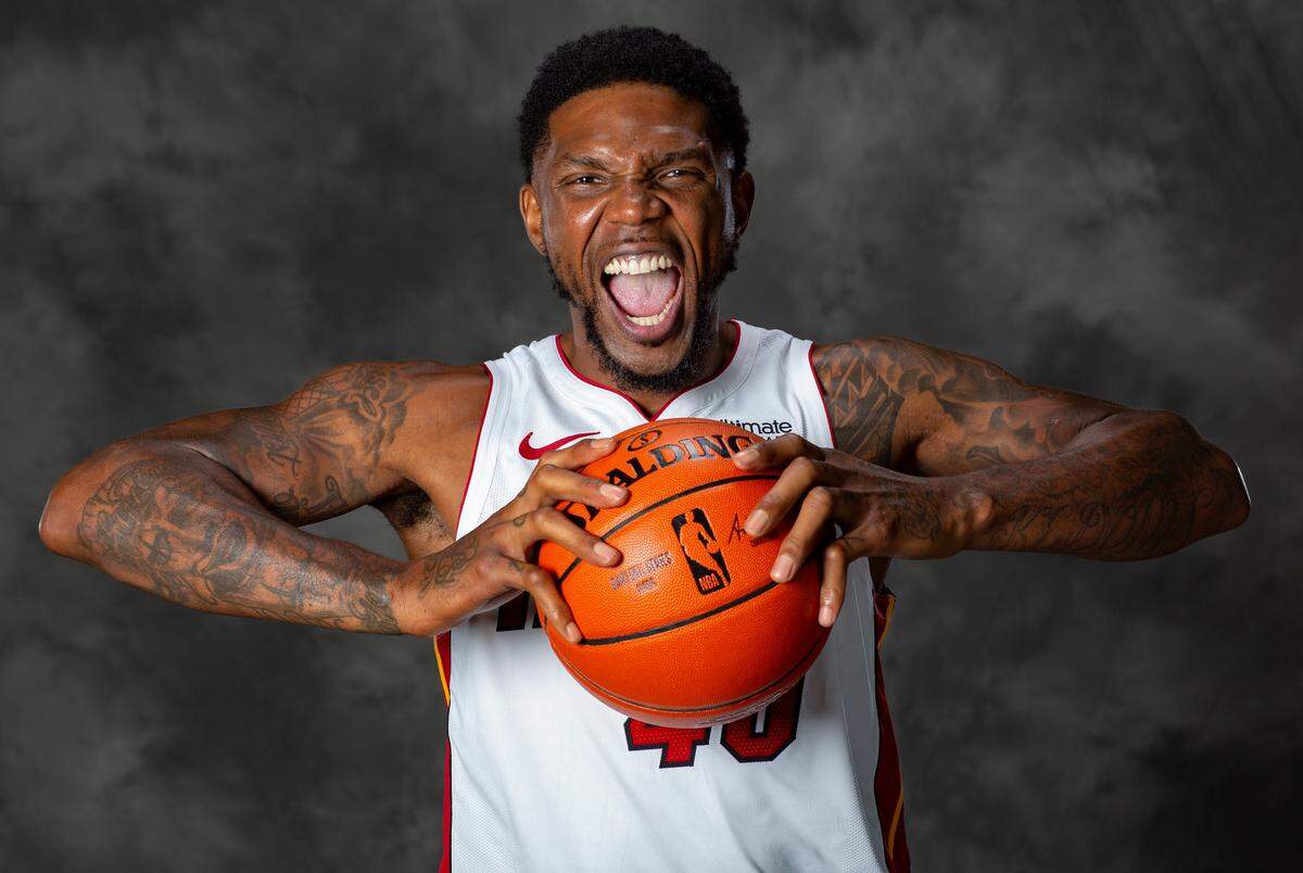 Miami Heat’s Udonis Haslem (40) poses for a photograph during Miami Heat media day at the American Airlines Arena in Miami on Monday, September 24, 2018.