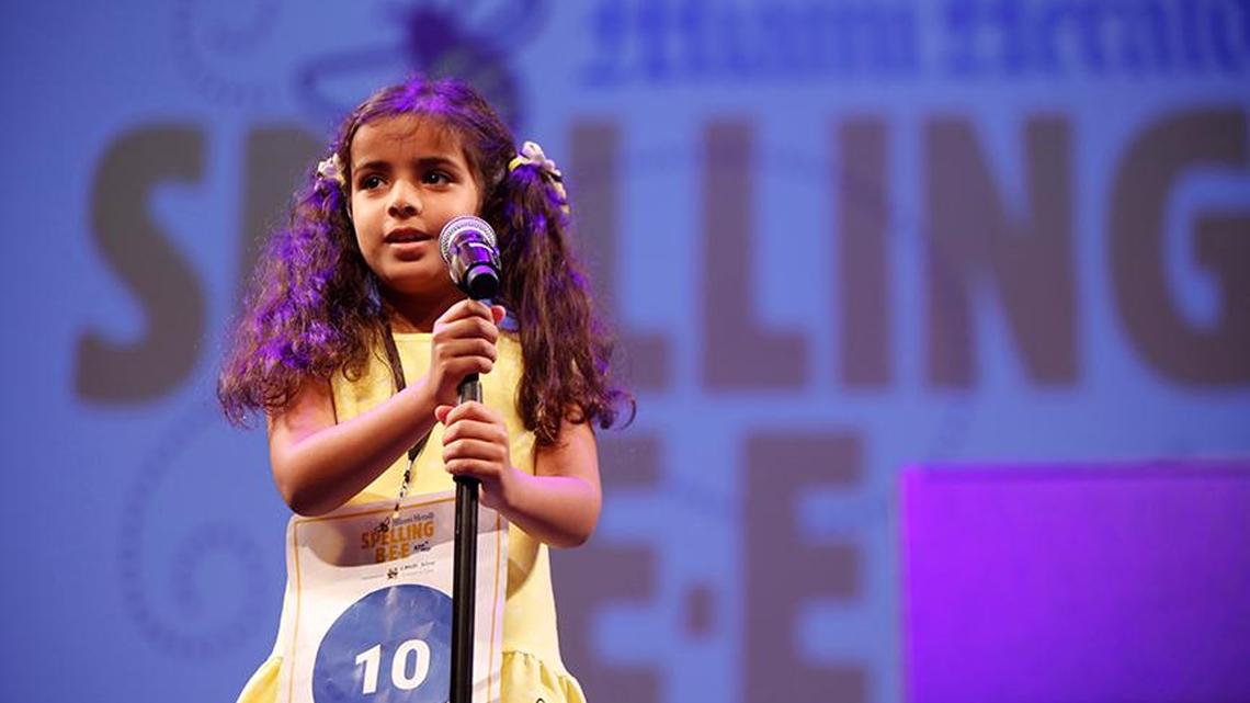 Judie ElAttar, 7, was the youngest speller at the Miami Herald Spelling Bee held Thursday, March 17, 2022, at the Charles F. Dodge City Center in Pembroke Pines. In December, she won her second straight spelling bee at David Fairchild Elementary. She will compete in March at the Miami Herald Spelling Bee.