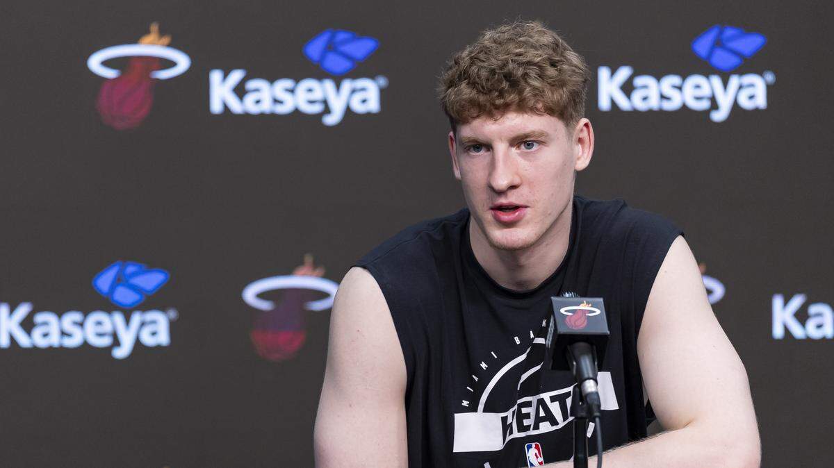 Miami Heat guard Kasparas Jakucionis (25) participates in his team’s season-ending exit interviews at Kaseya Center on April 16, 2026, in Miami.