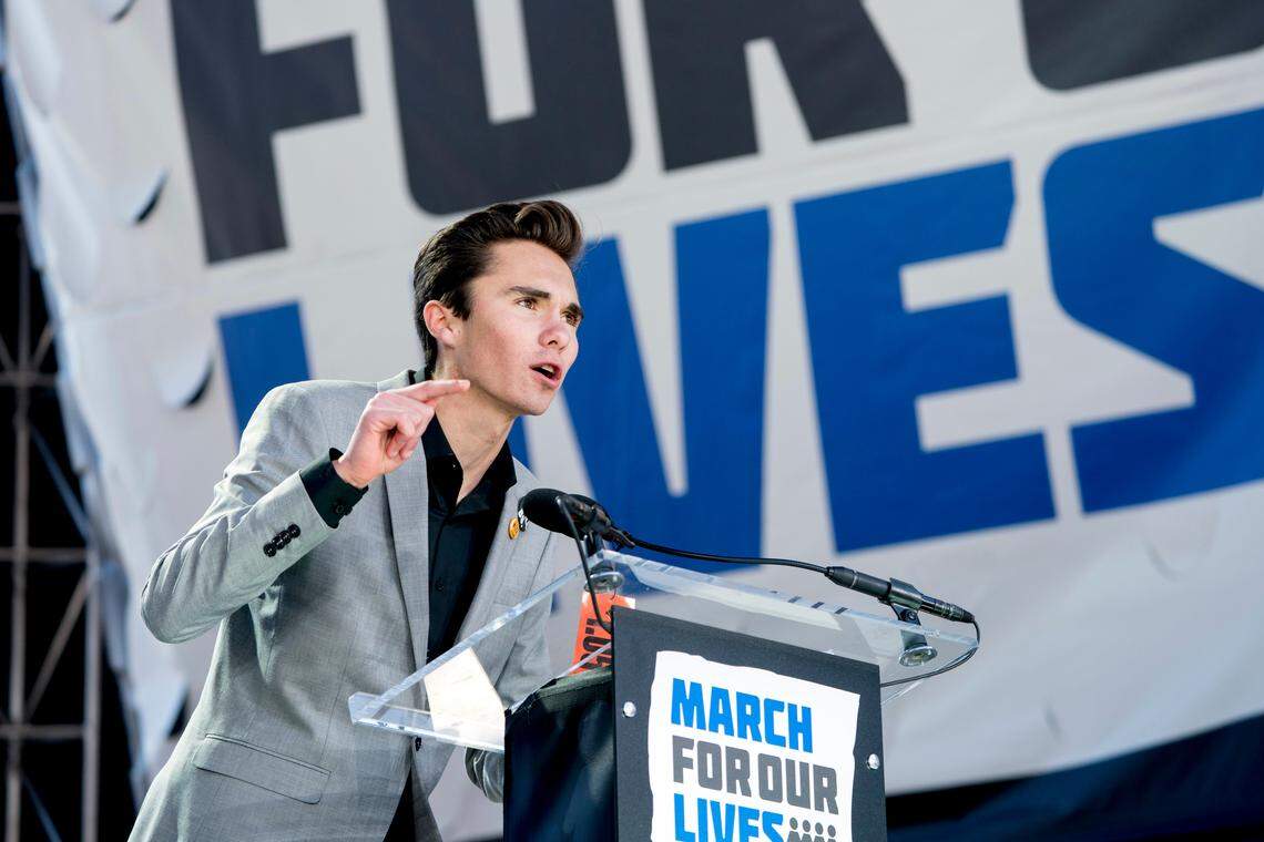 David Hogg, a survivor of the mass shooting at Marjory Stoneman Douglas High School in Parkland, Fla., speaks during the "March for Our Lives" rally in support of gun control in Washington on March 24, 2018.