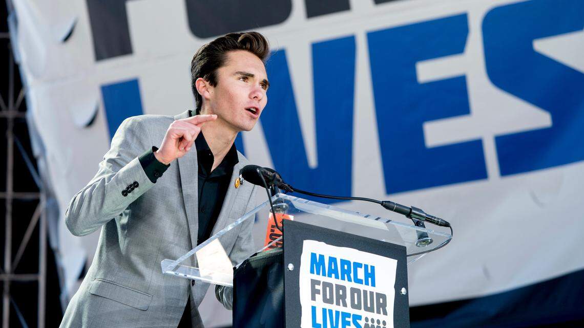 David Hogg, a survivor of the mass shooting at Marjory Stoneman Douglas High School in Parkland, Fla., speaks during the "March for Our Lives" rally in support of gun control in Washington on March 24, 2018.