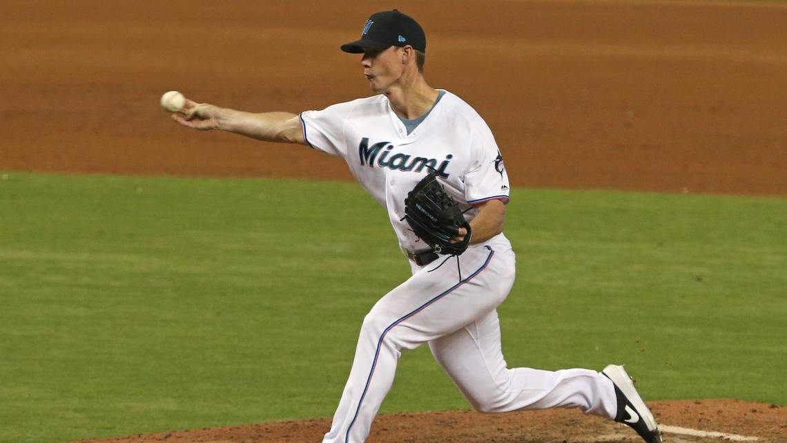 Miami Marlins pitcher Austin Brice (37) pitches during the eighth inning of an Major League Baseball game against the San Francisco Giants at Marlins Park in Miami,