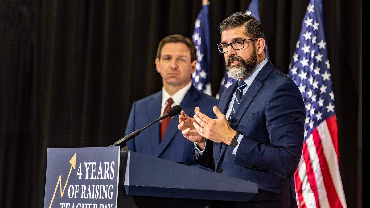 Florida education commissioner Manny Diaz and Governor Ron DeSantis, at a press conference at True North Classical Academy charter school in Miami on Tuesday May 09, 2023.