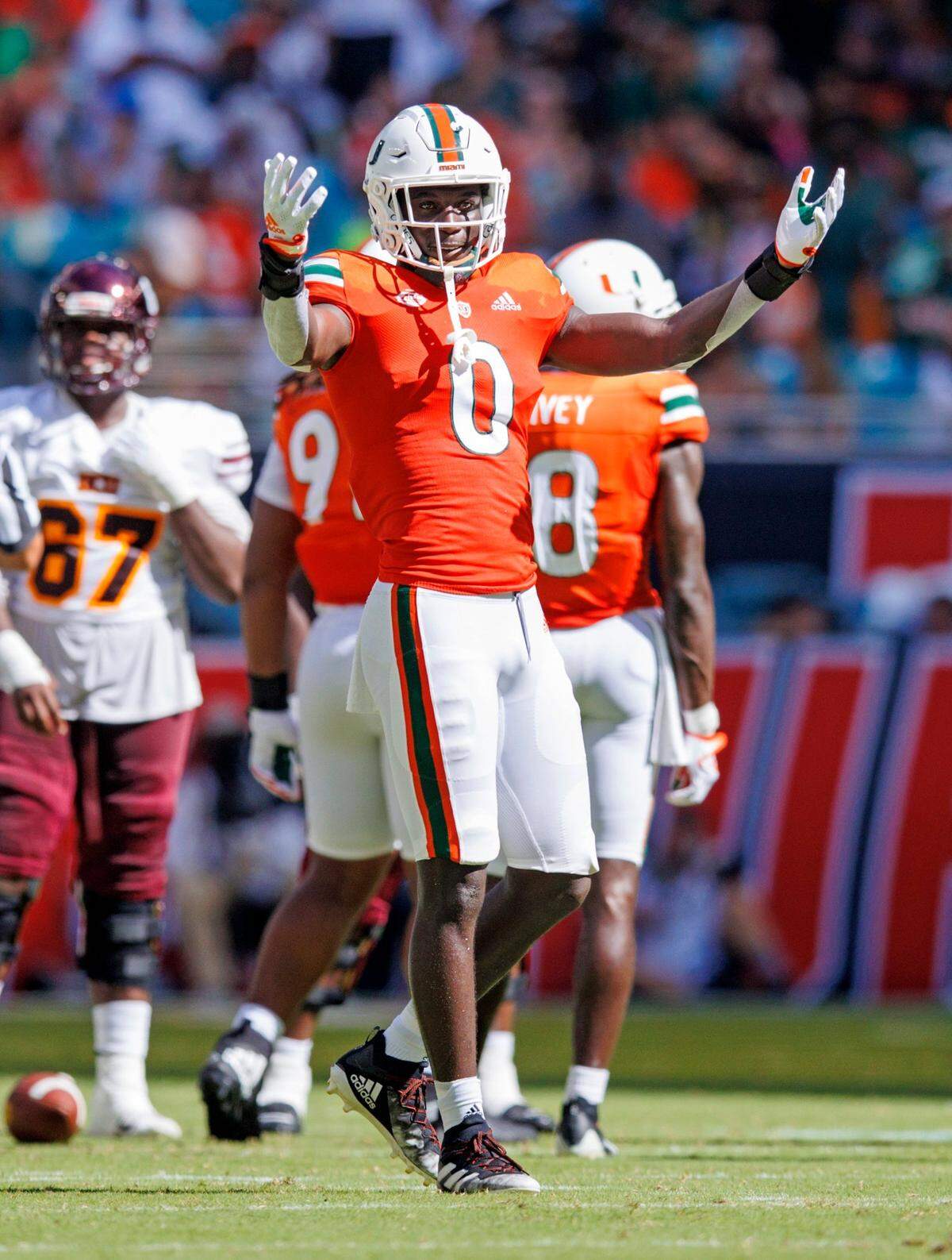 Miami Hurricanes safety James Williams (0) reacts after a play during the second quarter of a non conference game against Bethune-Cookman Wildcats at Hard Rock Stadium on Saturday, September 3, 2022 in Miami Gardens, Florida.