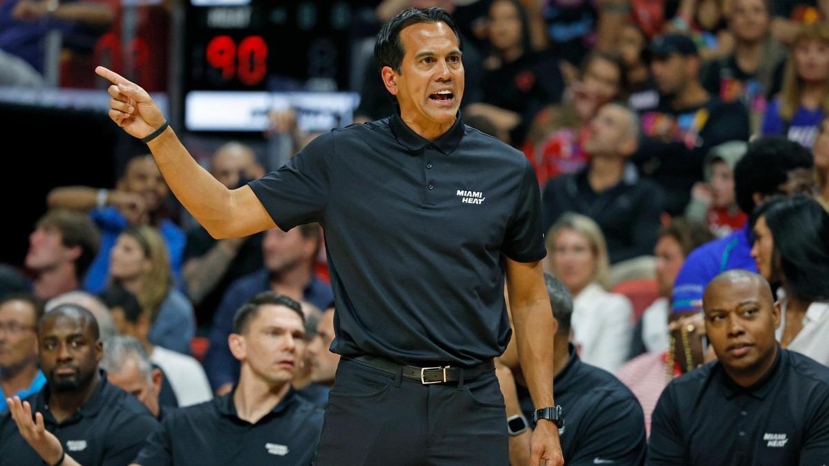 Miami Heat coach Erik Spoelstra hollers at the official in the fourth quarter during the game against the Philadelphia 76ers at the Miami-Dade Arena in Miami, Florida on Wednesday, March 1, 2023.