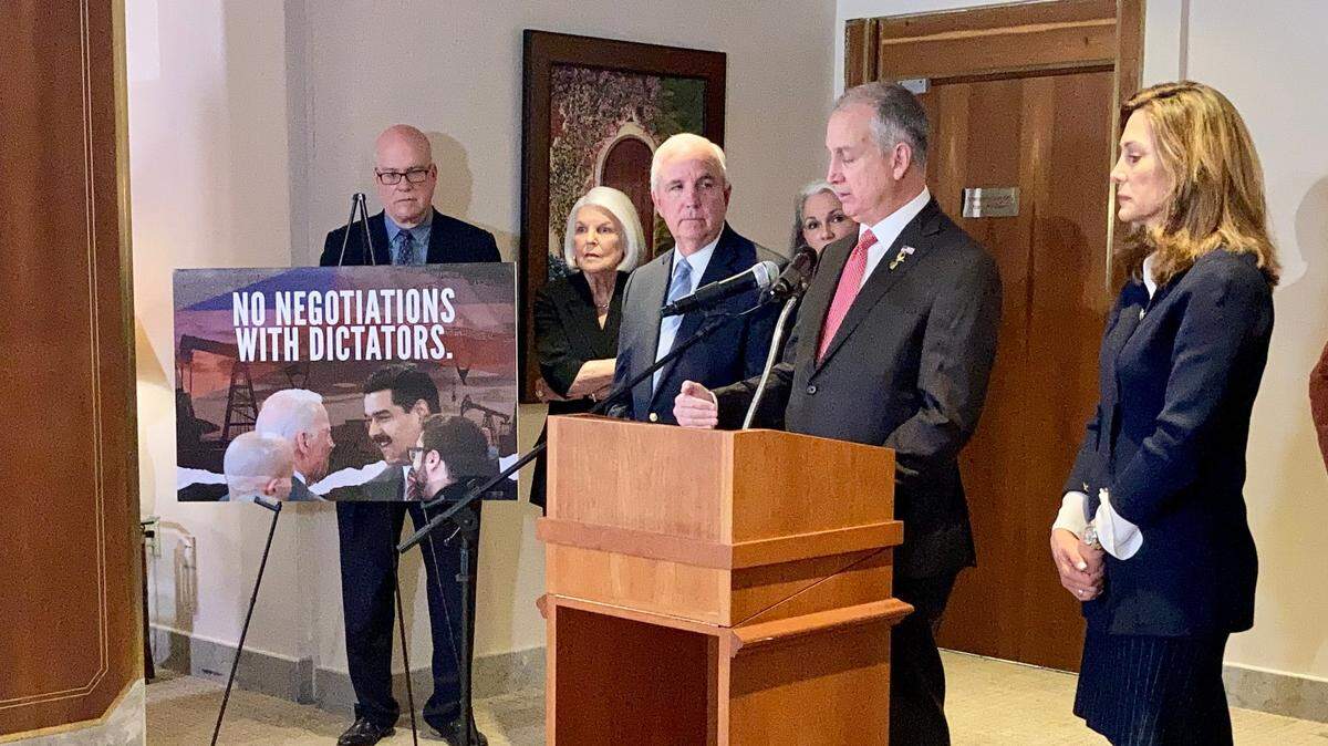 Republican members of Congress from Miami Mario Díaz-Balart, Carlos Giménez and Maria Elvira Salazar during a press conference about the Biden administration officials’ meeting with Venezuela’s authoritarian leader Nicolás Maduro, at the Miami International Airport on March 15, 2022.