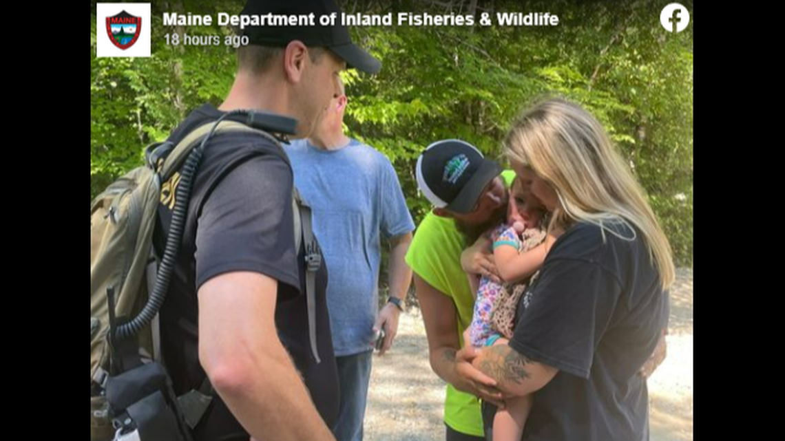 This is the moment the toddler was reunited with her parents at Jo Mary Lake Campground in Brownville, Maine.