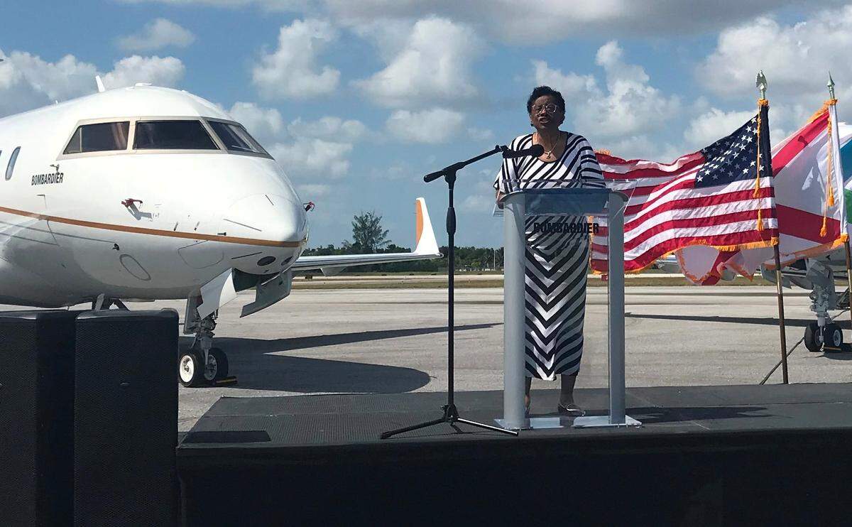 Miami-Dade Commissioner Barbara Jordan speaks during a ceremony celebrating Bombardier’s plan to open a $100 million maintenance facility for private jets at the county’s Opa-locka airport. The runway ceremony was held Wednesday, Oct. 3, 2018.