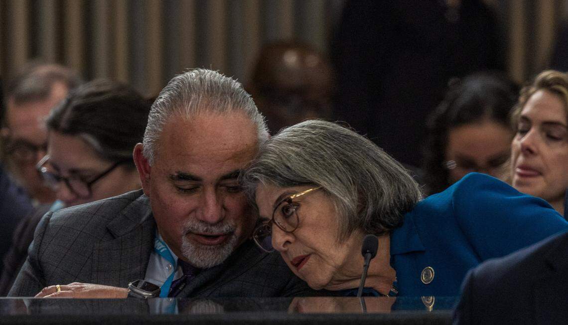 Jimmy Morales, Chief Operating Officer for Miami-Dade County and Mayor Daniella Levine Cava talked during the discussion of an item related to PortMiami, ahead of the final budget meeting on Mayor Daniella Levine Cava's $12.9 billion spending proposal, at the County Commission Chambers, on Thursday September 18, 2025.