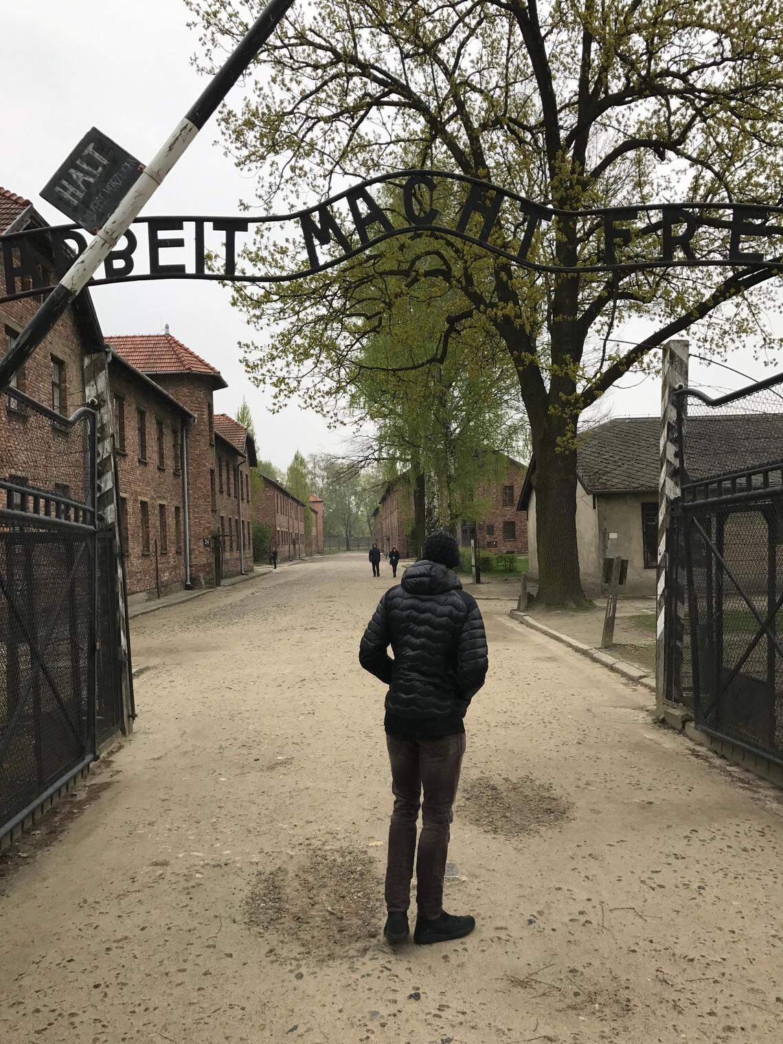 Former NBA star Ray Allen outside the Auschwitz concentration camp gate during a 2017 visit.
