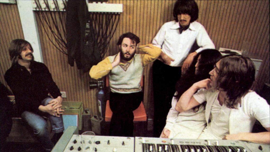 The Beatles in the studio in 1969 working on the tapes for what would become the “Let It Be” album, released in early 1970. L-R: Ringo Starr, Paul McCartney, George Harrison, Yoko Ono and John Lennon.