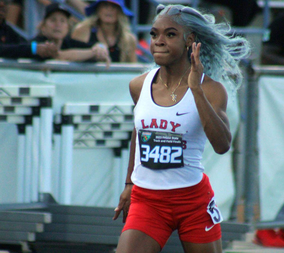 Southridge’s Cynteria James races in the girls 100-meter dash during the FHSAA Class 4A high school track and field championship in Jacksonville on May 20, 2023.