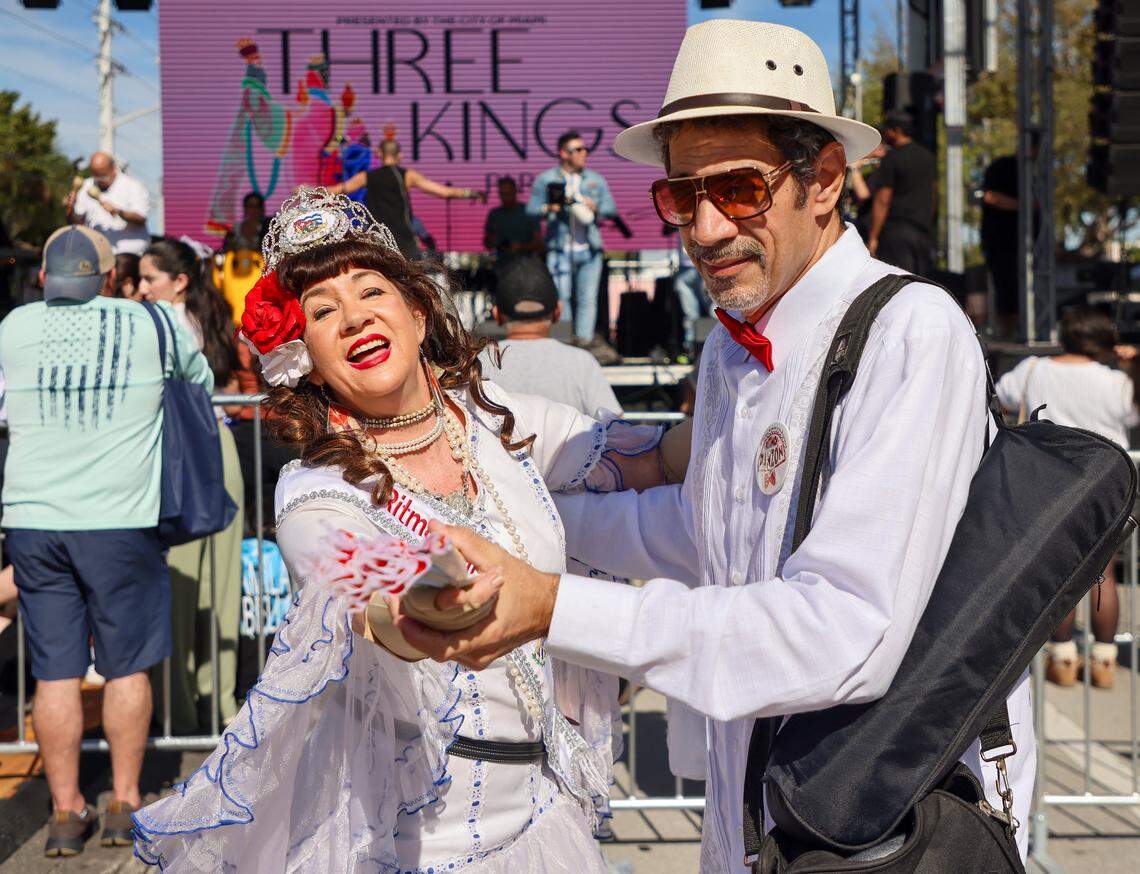 Cuban Folklore instructors and dancers Glenda Mujer Espanza, left, and Bobby Ramirez dance as musicians conduct a sound check prior to performing as Miami's 50th Annual Three Kings Parade, also known as the "Desfile de los Reyes," a vibrant celebration that takes place honoring the Feast of the Epiphany, paraded on SW 8th Street from 27th to 17th Avenue, on Sunday, December 11, 2026, in Miami, Florida.