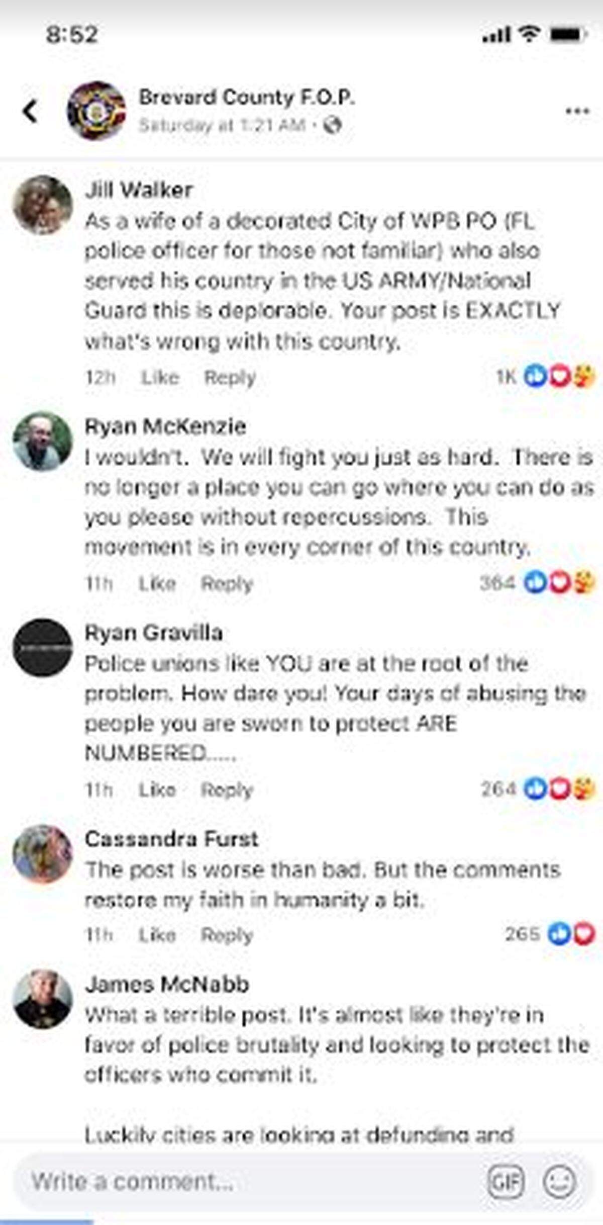 The first page of All Comments under the Brevard County FOP’s invitation to police officers in Atlanta and Buffalo unhappy with the way excessive force situations were handled.