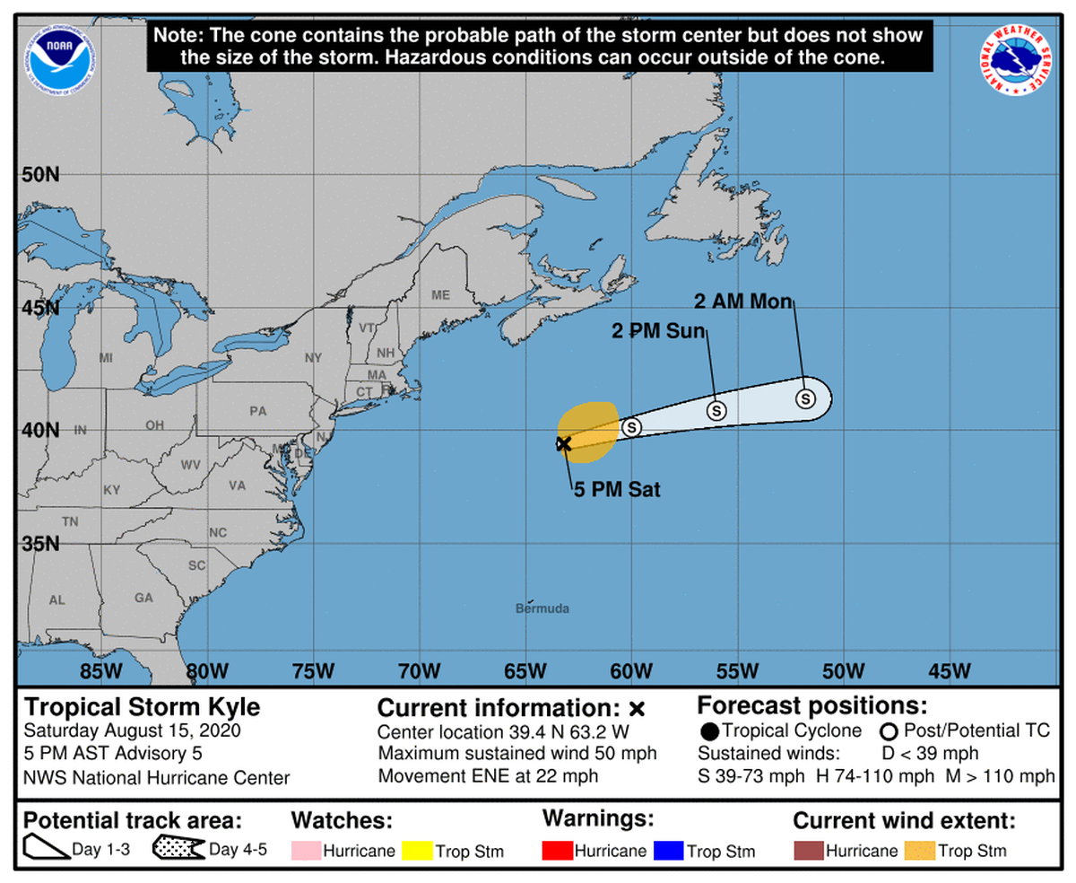 Forecasters expect Tropical Storm Kyle to head east and become a post-tropical storm overnight Saturday or Sunday.