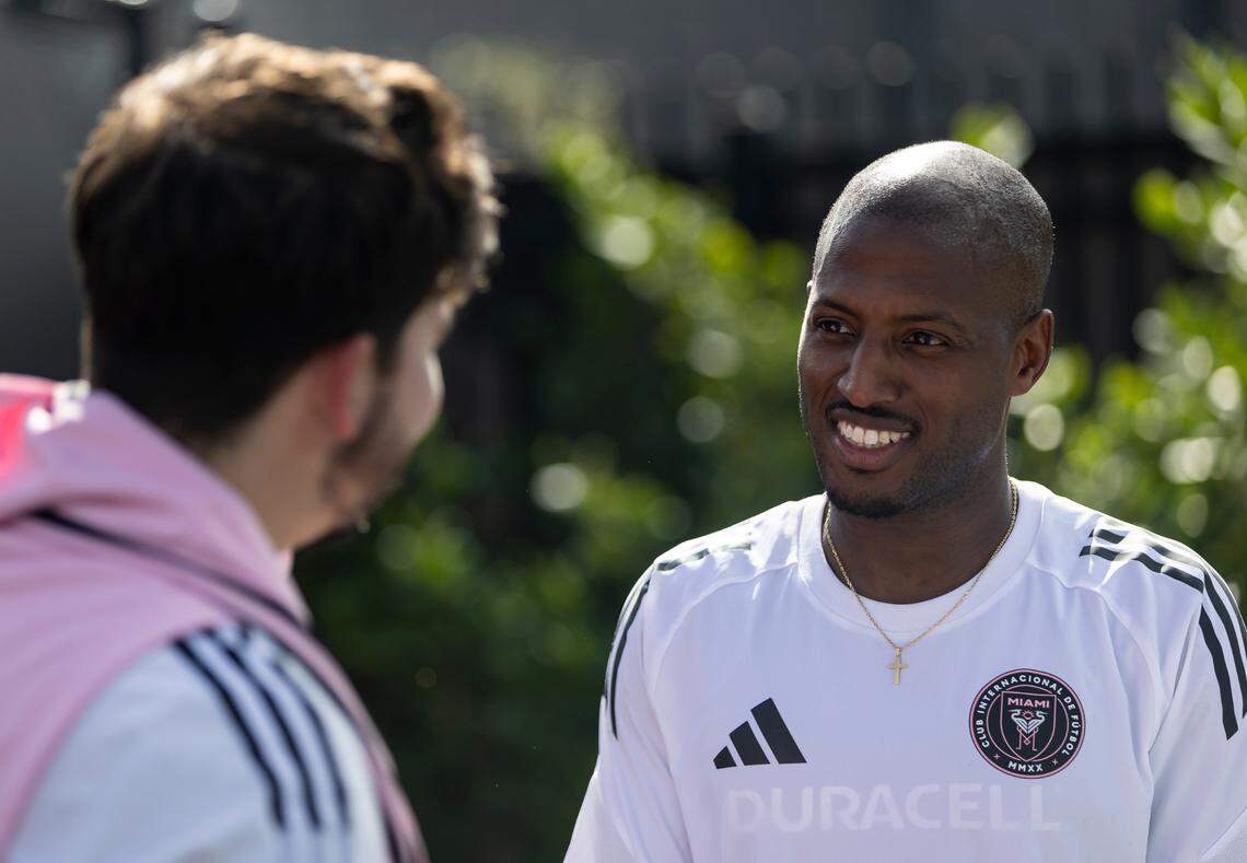 Inter Miami forward Fafa Picault (7) prepares to speak with the media after attending team practice at the Florida Blue Training Center on Monday, Jan. 13, 2025, in Fort Lauderdale, Fla.