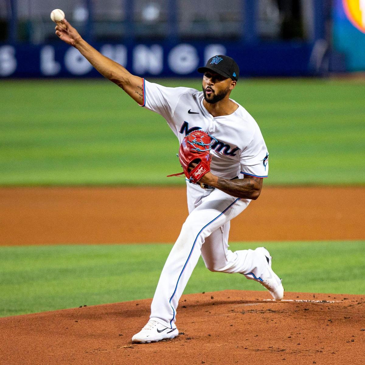 Miami Marlins pitcher Sandy Alcantara (22) throws the ball during the first inning of an MLB game against the Philadelphia Phillies at loanDepot park in the Little Havana neighborhood of Miami, Florida, on Tuesday, September 13, 2022.