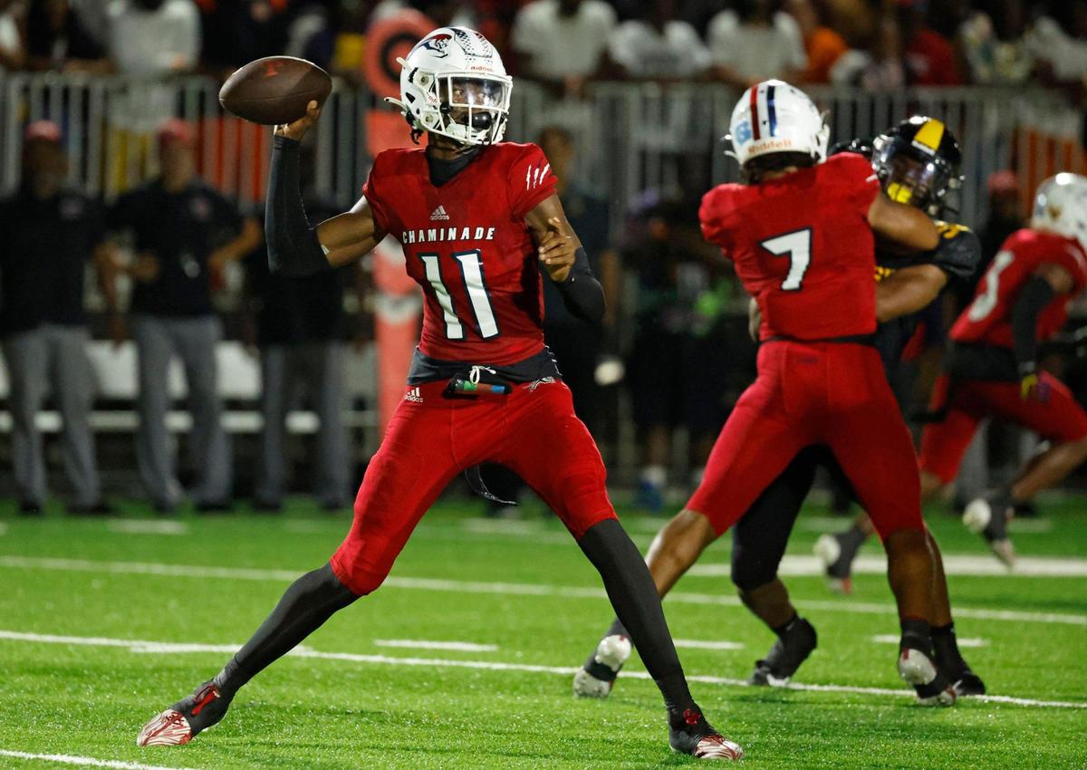 Chaminade-Madonna’s quarterback Cedrick Bailey sets up to pass in the second quarter in the game against American Heritage at American Heritage School in Plantation, Florida on Friday, September 15, 2023.