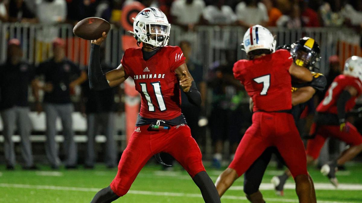 Chaminade-Madonna’s quarterback Cedrick Bailey sets up to pass in the second quarter in the game against American Heritage at American Heritage School in Plantation, Florida on Friday, September 15, 2023.